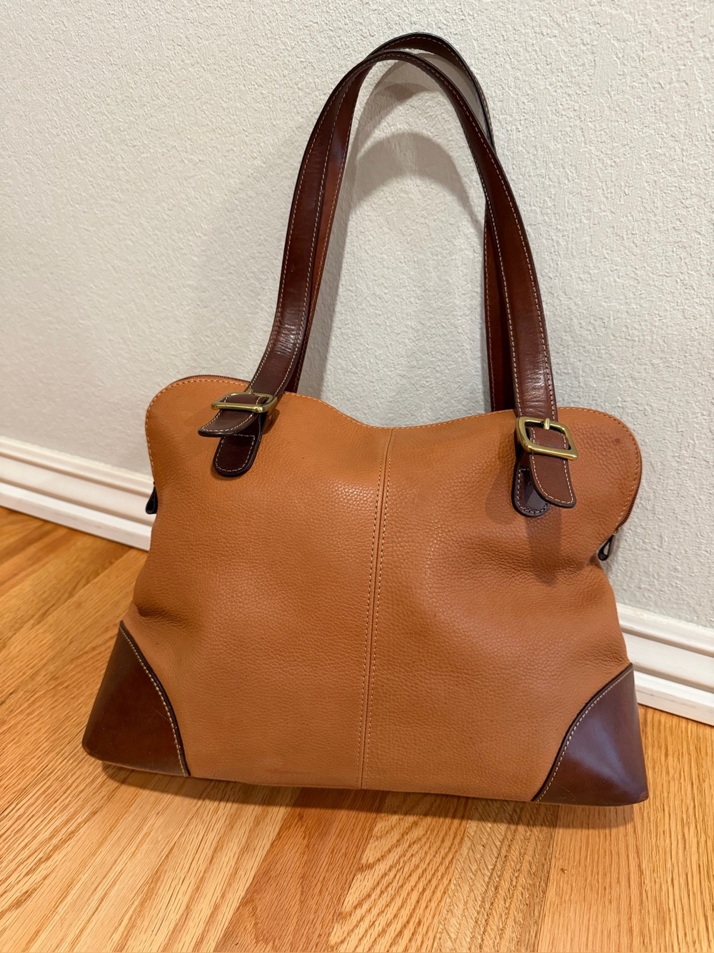 Fossil Cognac Brown Pebbled Leather Shoulder Bag Tote Brass Hardware